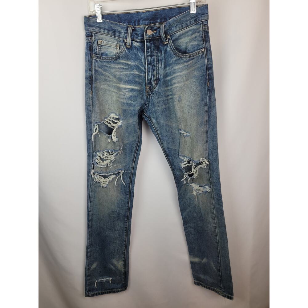 MNML Distressed Skinny Straight Button Fly Denim Jean Grunge Streetwear Sz 28x30